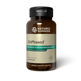 A bottle of Natures Sunshine UnPhased dietary supplement, featuring a dark amber brown bottle, a black cap, and a beige label with green accents, set against a plain white background.