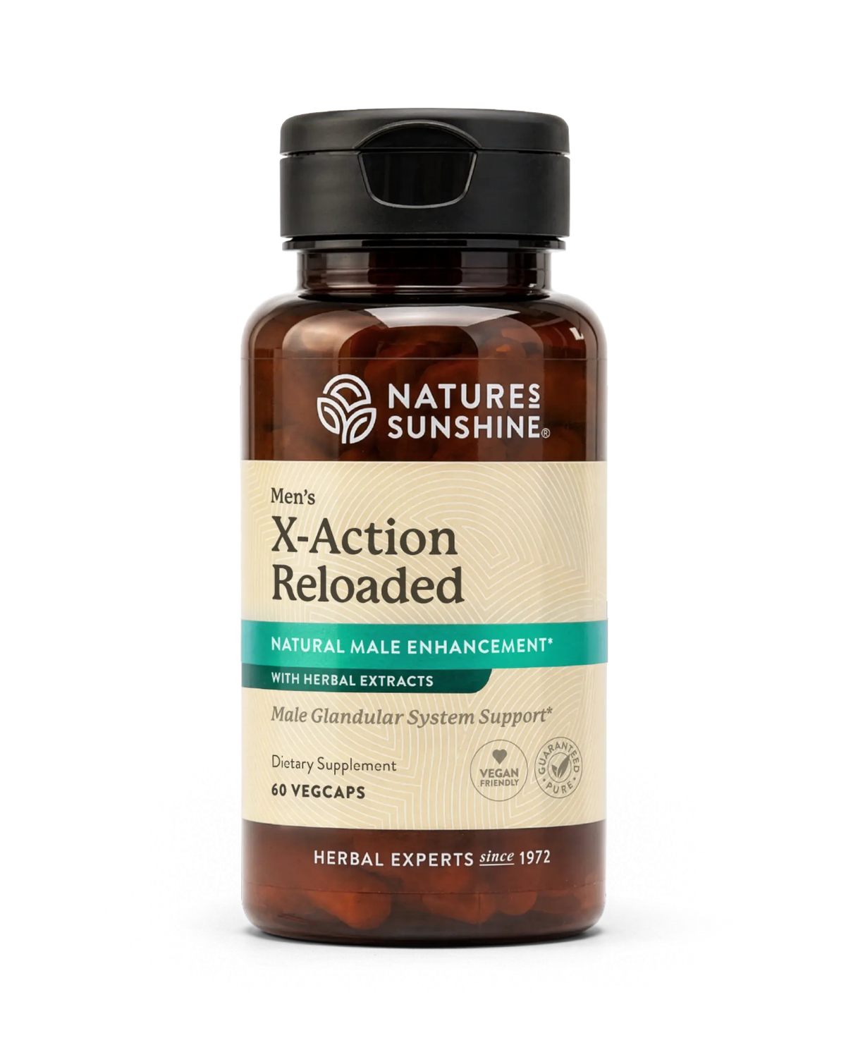 A bottle of Nature's Sunshine Men's X-Action Reloaded dietary supplement, featuring amber brown plastic with a black cap and a beige label with teal accents.