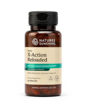 A bottle of Nature's Sunshine Men's X-Action Reloaded dietary supplement, featuring amber brown plastic with a black cap and a beige label with teal accents.