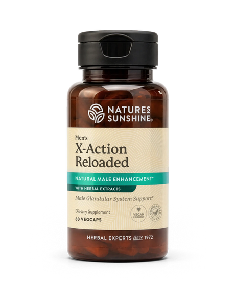 A bottle of Nature's Sunshine Men's X-Action Reloaded dietary supplement, featuring amber brown plastic with a black cap and a beige label with teal accents.
