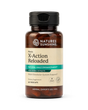 A bottle of Nature's Sunshine Men's X-Action Reloaded dietary supplement, featuring amber brown plastic with a black cap and a beige label with teal accents.
