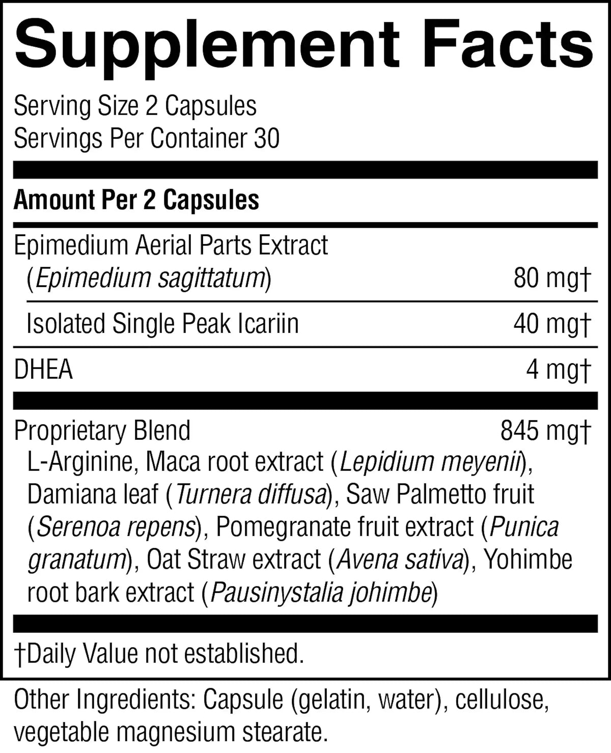 A close-up of a supplement facts label showing the nutrition panel for a capsule-based product. The label lists serving size 2 capsules, servings per container 30, and amounts per 2 capsules for Epidium Aerial Parts Extract, Isolated Single Peak Icariin, DHEA, and a proprietary blend.