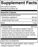 A close-up of a supplement facts label showing the nutrition panel for a capsule-based product. The label lists serving size 2 capsules, servings per container 30, and amounts per 2 capsules for Epidium Aerial Parts Extract, Isolated Single Peak Icariin, DHEA, and a proprietary blend.