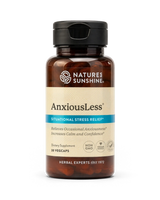 A bottle of Natures Sunshine AnxiousLess Situational Stress Relief dietary supplement, containing 30 vegcaps, shown on a clean white background.