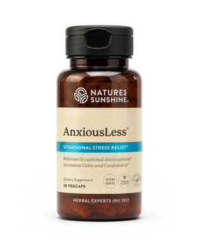 A bottle of Natures Sunshine AnxiousLess Situational Stress Relief dietary supplement, containing 30 vegcaps, shown on a clean white background.