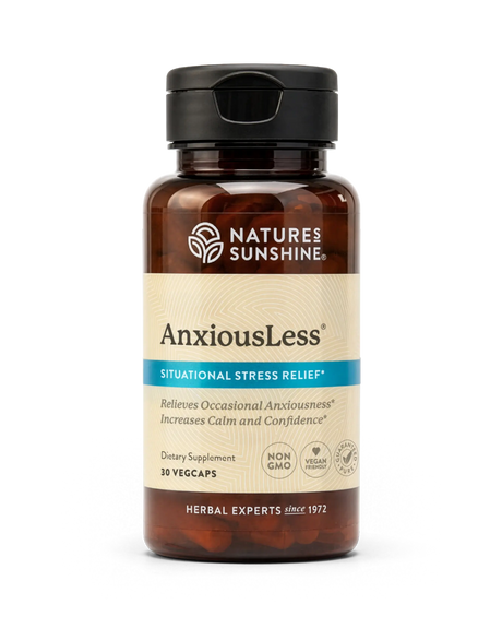A bottle of Natures Sunshine AnxiousLess Situational Stress Relief dietary supplement, containing 30 vegcaps, shown on a clean white background.