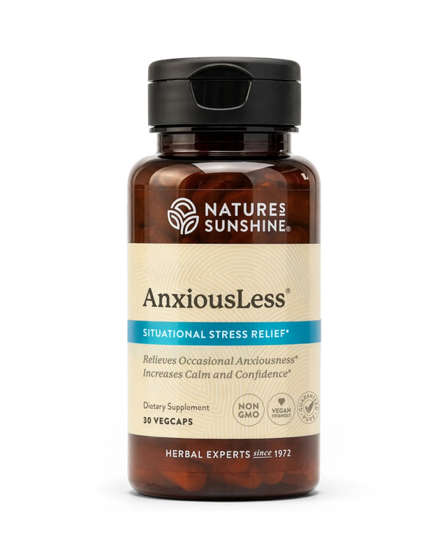 A bottle of Natures Sunshine AnxiousLess Situational Stress Relief dietary supplement, containing 30 vegcaps, shown on a clean white background.
