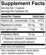 A black-and-white Supplement Facts label showing a supplement bottle's nutrition information, including Thiamin (B1, mononitrate) 5 mg, Magnesium (citrate) 40 mg, Zinc (gluconate) 1 mg, and a Proprietary Blend of 75 mg.