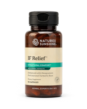 Natures Sunshine IF Relief Structural Comfort dietary supplement in an amber brown bottle with a black cap, on a white background.