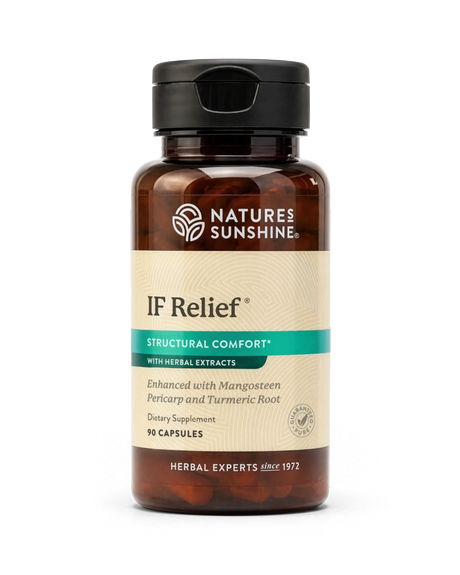 Natures Sunshine IF Relief Structural Comfort dietary supplement in an amber brown bottle with a black cap, on a white background.