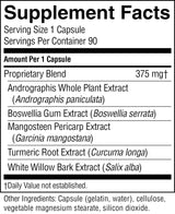 A close-up of a supplement facts label showing the 'Supplement Facts' panel with serving size 1 capsule, 90 servings per container, and a list of ingredients including Andrographis Whole Plant Extract, Boswellia Gum Extract, Mangosteen Pericarp Extract, Turmeric Root Extract, and White Willow Bark Extract.