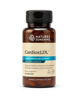 A bottle of Nature's Sunshine CardioxLDL dietary supplement with herbal extracts, featuring an amber brown bottle, black cap, and beige label with blue accents, on a white background.