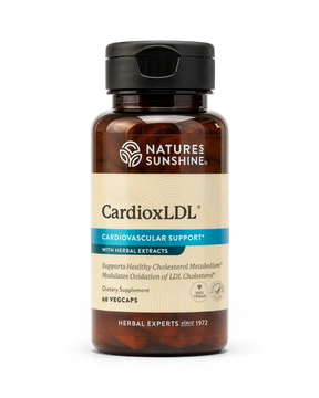A bottle of Nature's Sunshine CardioxLDL dietary supplement with herbal extracts, featuring an amber brown bottle, black cap, and beige label with blue accents, on a white background.