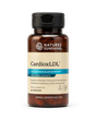 A bottle of Nature's Sunshine CardioxLDL dietary supplement with herbal extracts, featuring an amber brown bottle, black cap, and beige label with blue accents, on a white background.