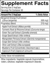 A black-and-white Supplement Facts label showing a list of extracted ingredients including Bergamot Orange Fruit Extract, Proprietary Blend, Apple Fruit Extract, Turmeric Root & Rhizome Extract, Green Tea Leaf Extract, Grape Seed Extract, Grape Skin Extract, Mangosteen Pericarp Extract, Olive Leaf Extract, Blueberry Fruit Concentrate, and Capsicum Fruit.