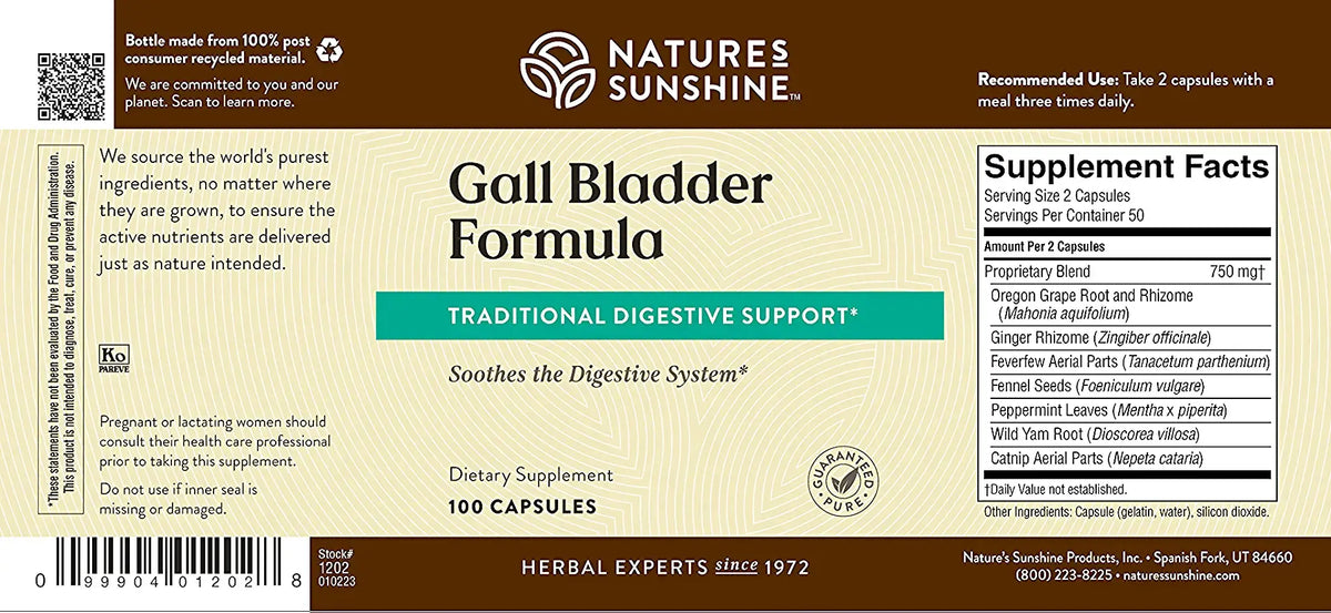 Nature's Sunshine Gall Bladder Formula supplement label with text and branding.