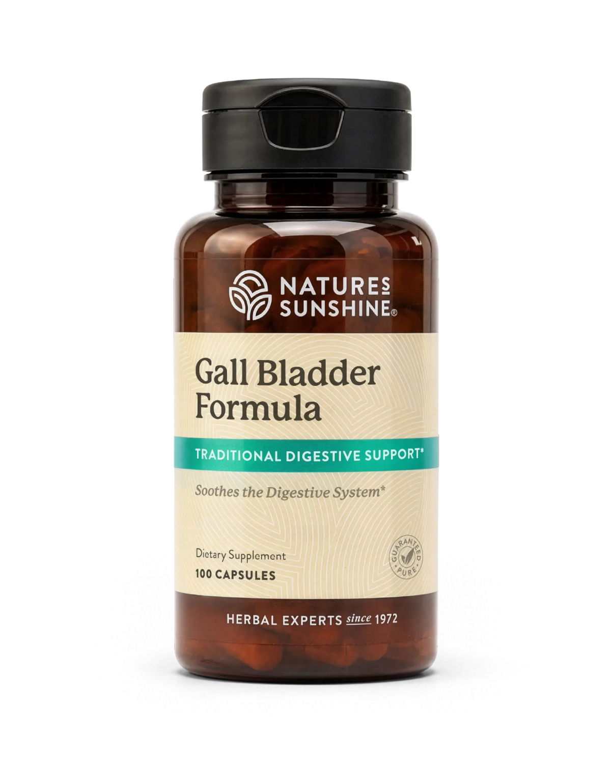 A bottle of Nature's Sunshine Gall Bladder Formula dietary supplement, containing 100 capsules, on a clean white background.