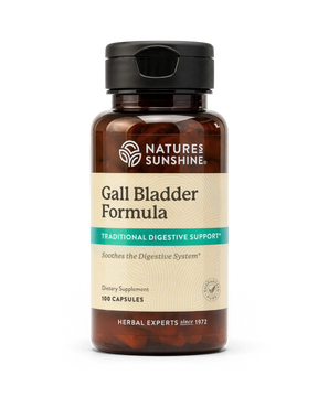 A bottle of Nature's Sunshine Gall Bladder Formula dietary supplement, containing 100 capsules, on a clean white background.
