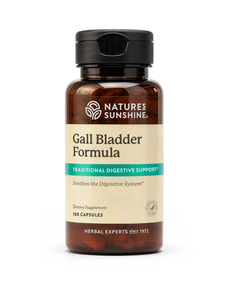 A bottle of Nature's Sunshine Gall Bladder Formula dietary supplement, containing 100 capsules, on a clean white background.