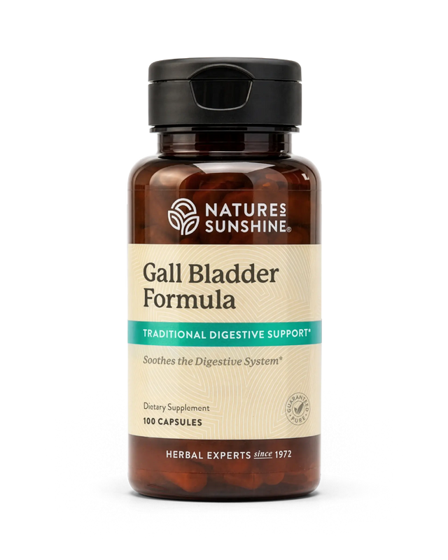 A bottle of Nature's Sunshine Gall Bladder Formula dietary supplement, containing 100 capsules, on a clean white background.