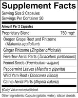 A black-and-white Supplement Facts label showing a proprietary blend of 750 mg from Oregon Grape Root and Rhizome, Ginger Rhizome, Feverfew Aerial Parts, Fennel Seeds, Peppermint Leaves, Wild Yam Root, and Catnip Aerial Parts.