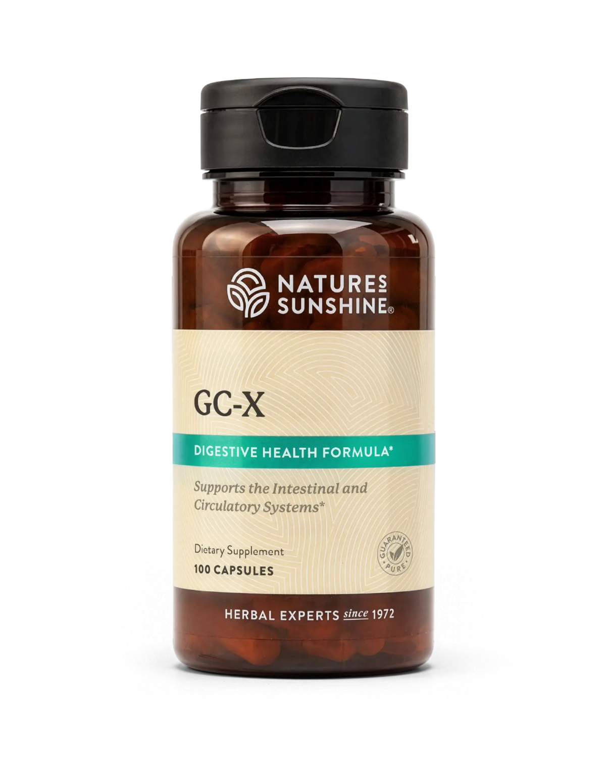 A bottle of Nature's Sunshine GC-X Digestive Health Formula dietary supplement, containing 100 capsules, shown on a clean white background.