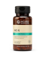 A bottle of Nature's Sunshine GC-X Digestive Health Formula dietary supplement, containing 100 capsules, shown on a clean white background.