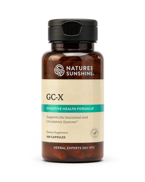 A bottle of Nature's Sunshine GC-X Digestive Health Formula dietary supplement, containing 100 capsules, shown on a clean white background.
