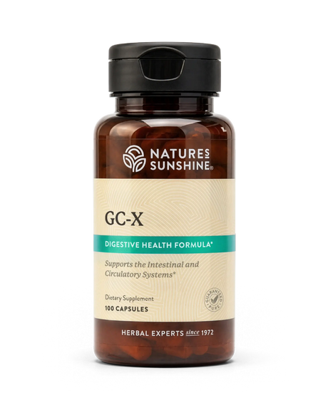 A bottle of Nature's Sunshine GC-X Digestive Health Formula dietary supplement, containing 100 capsules, shown on a clean white background.