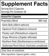A black and white Supplement Facts label showing a proprietary blend supplement with listed ingredients including garlic bulb, capsicum fruit, parsley leaf, ginger rhizome, eleuthero root, and goldenseal root extract.
