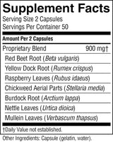 A black and white Supplement Facts label showing a proprietary blend of 900 mg from multiple herbal ingredients including Red Beet Root, Yellow Dock Root, Raspberry Leaves, Chickweed Aerial Parts, Burdock Root, Nettle Leaves, and Mullein Leaves.