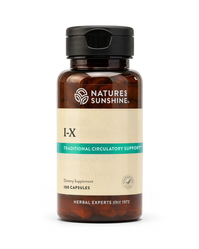 A bottle of Natures Sunshine I-X Traditional Circulatory Support dietary supplement, containing 100 capsules, on a clean white background.