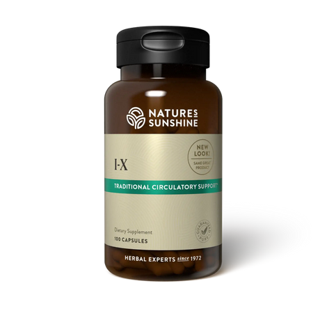 A bottle of Natures Sunshine I-X Traditional Circulatory Support dietary supplement, featuring a dark amber brown bottle, a black cap, and a beige label with a green accent band, set against a plain white background.