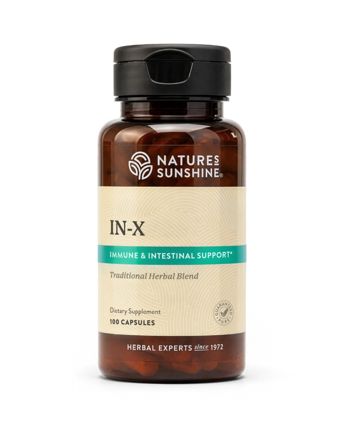 A bottle of Nature's Sunshine IN-X dietary supplement with a black cap and amber brown bottle, featuring a beige label with a teal banner, on a white background.
