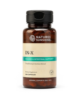 A bottle of Nature's Sunshine IN-X dietary supplement with a black cap and amber brown bottle, featuring a beige label with a teal banner, on a white background.