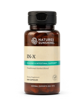 A bottle of Nature's Sunshine IN-X dietary supplement with a black cap and amber brown bottle, featuring a beige label with a teal banner, on a white background.