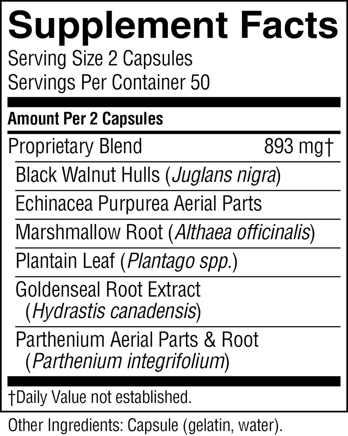 A black-and-white Supplement Facts label showing a proprietary blend with listed ingredients including black walnut hulls, echinacea purpurea aerial parts, marshmallow root, plantain leaf, goldenseal root extract, and parthenium aerial parts and root.