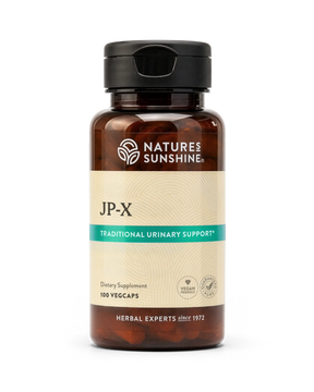 A bottle of Nature's Sunshine JP-X Traditional Urinary Support dietary supplement, containing 100 vegcaps, shown on a clean white background.