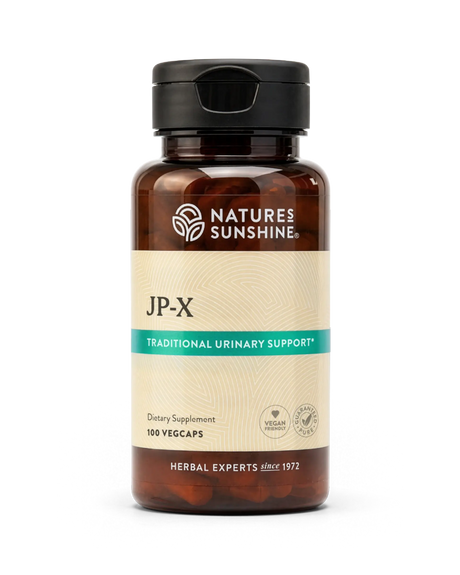 A bottle of Nature's Sunshine JP-X Traditional Urinary Support dietary supplement, containing 100 vegcaps, shown on a clean white background.
