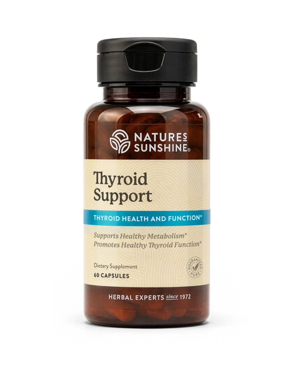 A bottle of Nature's Sunshine Thyroid Support dietary supplement with a black cap and amber-brown bottle, shown on a clean white background.