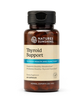 A bottle of Nature's Sunshine Thyroid Support dietary supplement with a black cap and amber-brown bottle, shown on a clean white background.