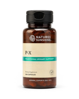 A bottle of Nature's Sunshine P-X Traditional Urinary Support dietary supplement, containing 100 capsules, on a clean white background.