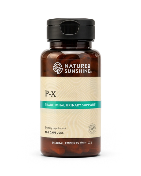 A bottle of Nature's Sunshine P-X Traditional Urinary Support dietary supplement, containing 100 capsules, on a clean white background.