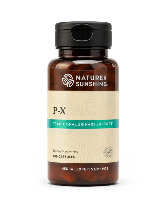 A bottle of Nature's Sunshine P-X Traditional Urinary Support dietary supplement, containing 100 capsules, on a clean white background.