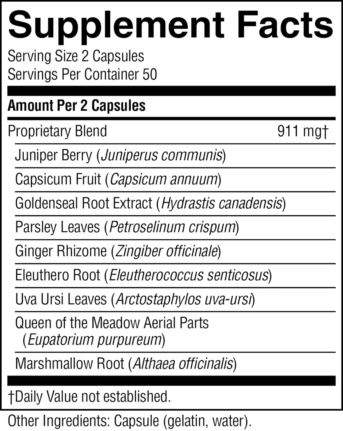 A black-and-white Supplement Facts label showing a proprietary blend of 11 herbal ingredients, including Juniper Berry, Capsicum Fruit, and Goldenseal Root Extract, with serving size of 2 capsules.