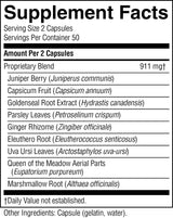 A black-and-white Supplement Facts label showing a proprietary blend of 11 herbal ingredients, including Juniper Berry, Capsicum Fruit, and Goldenseal Root Extract, with serving size of 2 capsules.