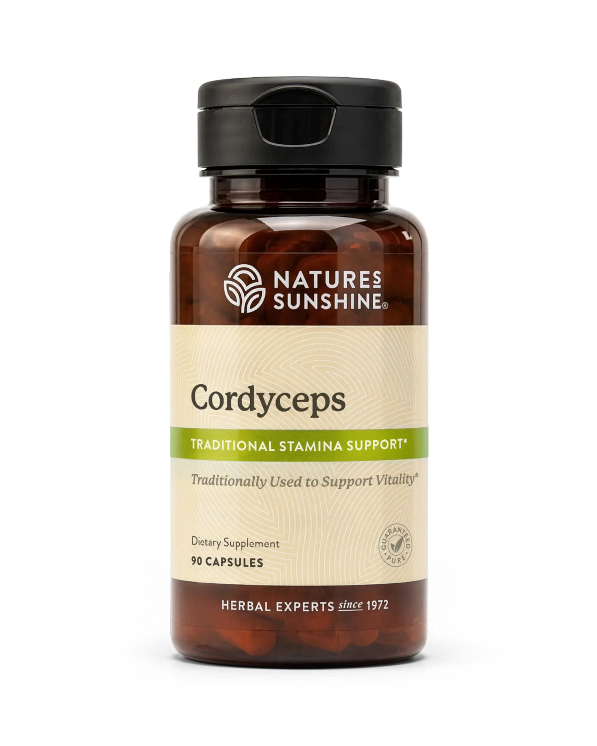 A bottle of Natures Sunshine Cordyceps dietary supplement with a black cap and a beige label, containing 10 capsules, on a white background.