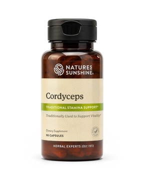 A bottle of Natures Sunshine Cordyceps dietary supplement with a black cap and a beige label, containing 10 capsules, on a white background.