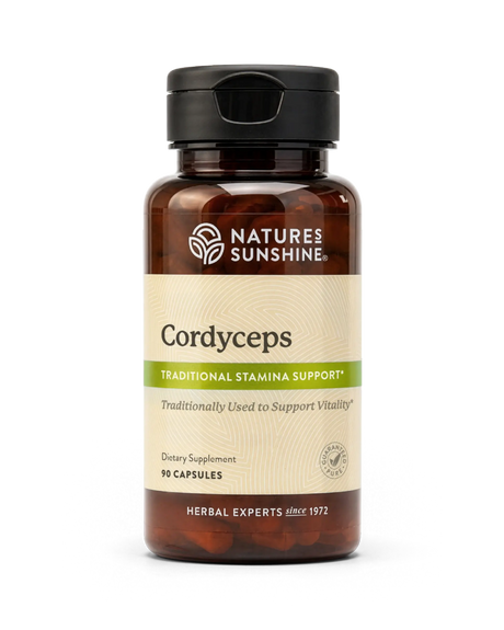 A bottle of Natures Sunshine Cordyceps dietary supplement with a black cap and a beige label, containing 10 capsules, on a white background.