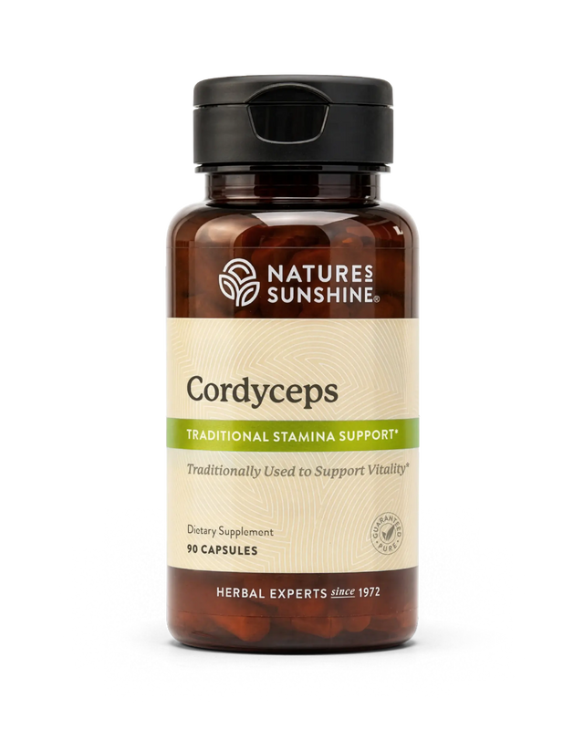 A bottle of Natures Sunshine Cordyceps dietary supplement with a black cap and a beige label, containing 10 capsules, on a white background.